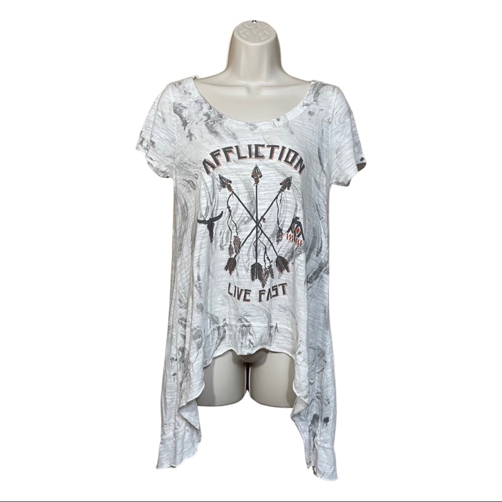 Affliction Women's  Live Fast T- Shirt Asymmetrical Hem Gray Tied Dye Sz M